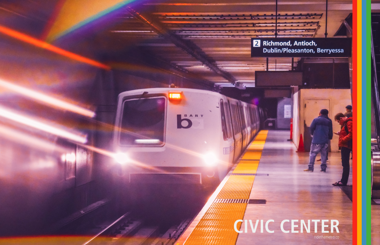 A photo poster that says Civic Center, with vertical red yellow blue and green lines. The photo shows the underground station platform in a pinkish hue, with a legacy BART train approaching on the left. There are warm streaks of light coming from the train headlights, and there is a bright prismatic lens flare above the train. To the right there are handfuls of people waiting on the concrete platform.